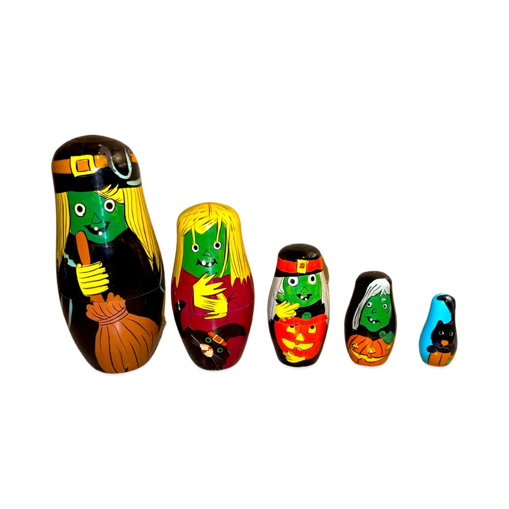 Vintage Hand Painted Witch Nesting Dolls: 5 Piece Halloween Decor Set: Rare
